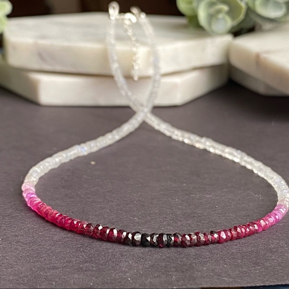 Genuine Ruby & Moonstone Beaded Choker Necklace in sterling silver - Picture 3 of 14